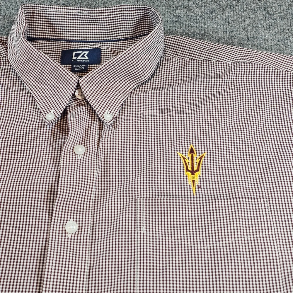 ASU Sun Devils Cutter & Buck Mens 2XB Maroon Gingham Button Down Shirt Work